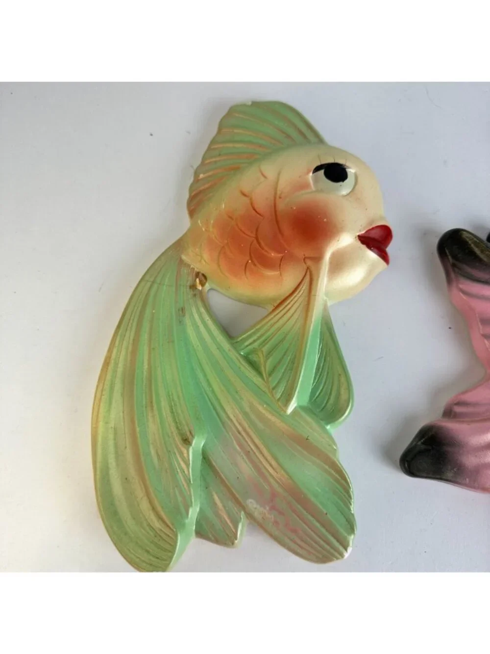 Vintage MCM Pink & Green Plaster Wall Decor Tropical Fish & Bubbles